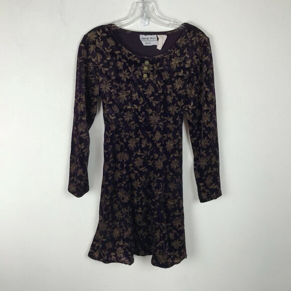 Vintage Purple Velvet Dress Size Petite 6P Gold Floral Long Sleeve Mini Y2K - Picture 5 of 7